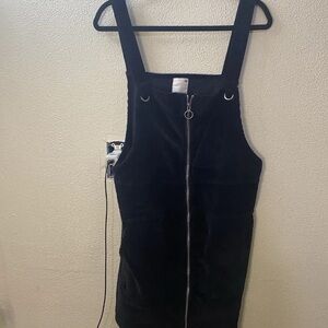 SO Womens Black Corduroy Zip Front Pinafore Dress Jumper Overall Style Size XL